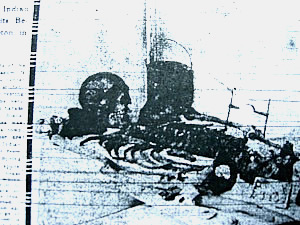 The remains of Timpanogos Chief Black Hawk on display in window of hardware store in Spanish Fork, Utah, 1919.